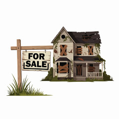 Dilapidated Abandoned House with For Sale Sign in Front Yard Showing Decay and Neglect