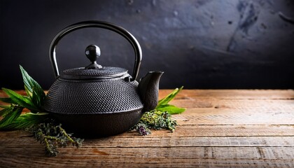 Black Cast Iron Teapot With Herbs On Wooden Table Rustic Light Symbolizing Natural Wellness And Tea Tradition Concept