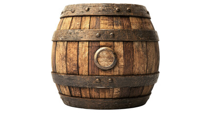 Rustic wooden barrel with metal bands isolated on a transparent background