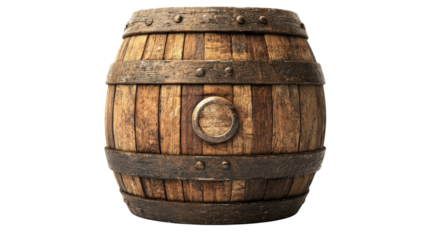 Rustic wooden barrel with metal bands isolated on a transparent background