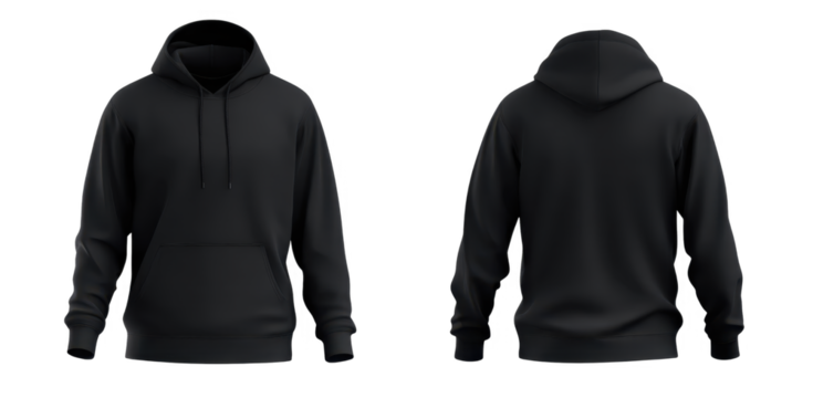 Stylish Black Hoodie Displayed from Multiple Angles, Perfect for Fashion and Casual Wear with a Comfortable Fit and Trendy Design isolated on transparent background