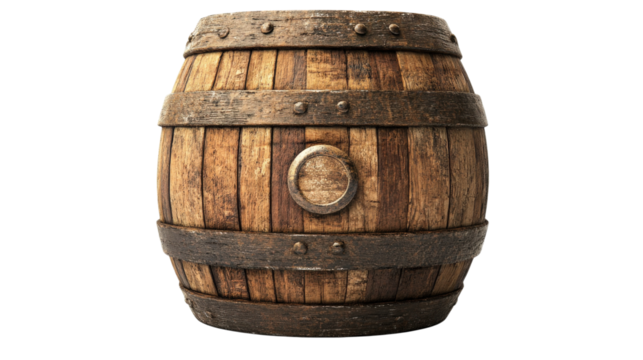 Rustic wooden barrel with metal bands isolated on a transparent background