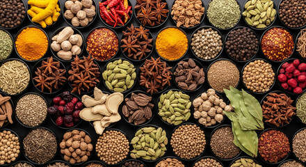 An overhead, macro flat lay photograph showcasing an expansive and diverse collection of whole and ground spices, dried herbs, and botanicals. Each ingredient is meticulously arranged in individual.