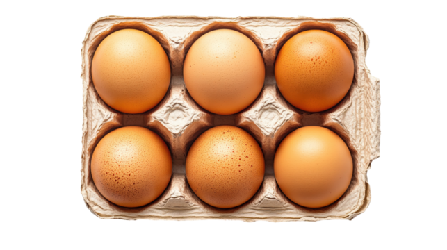 Six brown eggs in carton isolated on a transparent background