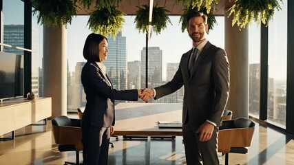 Two business professionals shaking hands in a modern office with a cityscape view symbolizing partnership and agreement in a bright and professional corporate environment - Powered by Adobe