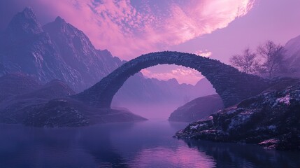 Mystical Stone Bridge Landscape with Purple Hues and Mountain Backdrop.