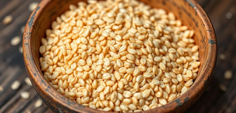 Close-up of raw buckwheat groats in a rustic bowl,  seeds,  grains