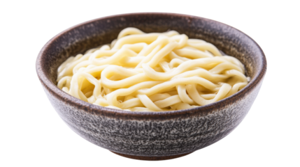 Thick noodles in a speckled bowl isolated on a transparent background