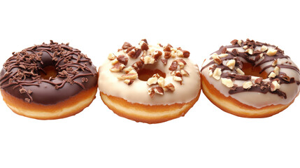 Three donuts with assorted toppings isolated on a transparent background