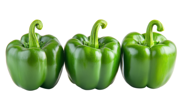 Three green bell peppers isolated on a transparent background