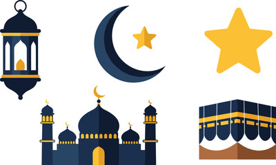 Islamic symbols including a mosque kaaba lantern crescent moon and star