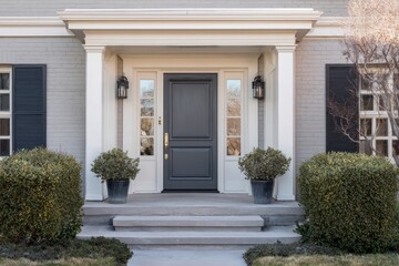 Traditional residential home entrance features stately columns and symmetrical landscaping