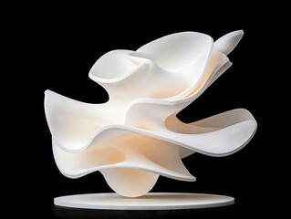 A minimalist abstract sculpture made of white material with flowing, organic, layered shapes. It is presented on a circular white base against a stark black bac
