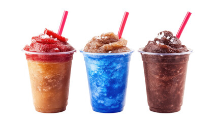 Three slushies in plastic cups isolated on a transparent background