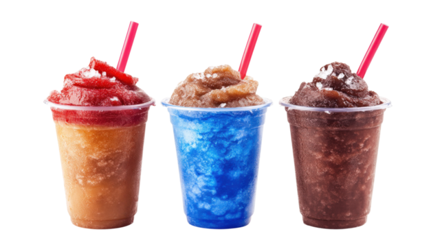 Three slushies in plastic cups isolated on a transparent background - Powered by Adobe