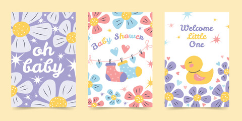 A set of templates for birthday invitations and postcards. Newborn baby. Baby shower. Cute vector design.