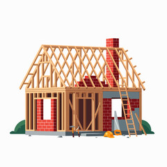 Building a New Home Construction Project in Progress Showing Wood Framing and Brick Exterior Walls