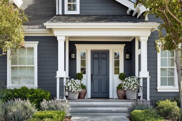 Obraz premium Elegant residential entryway features deep charcoal siding and bright white trim