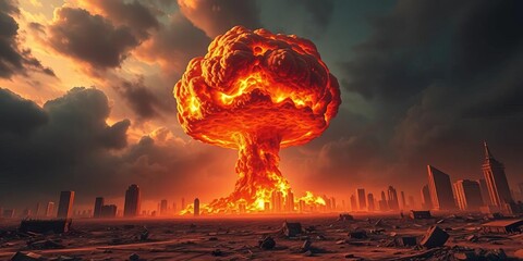Fiery mushroom cloud, debris field, apocalyptic cityscape, cinematic, dark