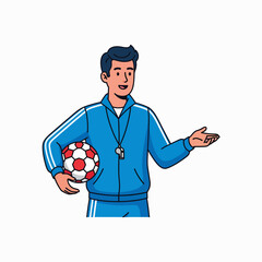A Coach Standing With a Soccer Ball Ready to Explain a Strategy or Give Instructions