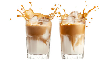 Two iced coffee drinks with splashes isolated on a transparent background