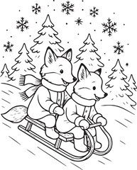 Vintage-style line art of two fox sisters sledding down a snowy hill. Cozy fur coats, scarves, and a winter landscape create a charming, child-friendly Christmas coloring page.