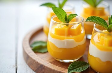 Mango pudding dessert in glass cups on wooden tray. Sweet homemade dish with fruit jelly, coconut milk layers. Tropical panna cotta topped with ripe mango cubes, fresh mint. Healthy tasty summer food.