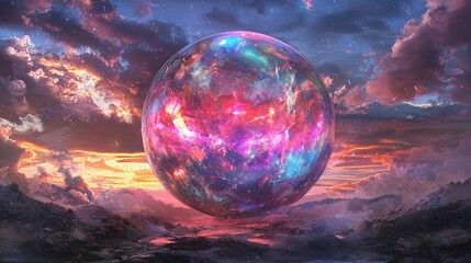 Enigmatic Orb Floating Amidst a Celestial Landscape of Clouds and Light.