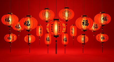 Glowing red Chinese lanterns with calligraphy hanging against a vibrant red background for the Lunar New Year celebration.
