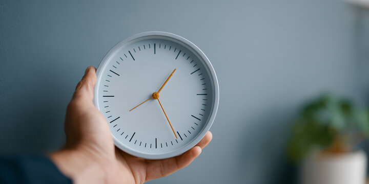 Hand holding a modern white wall clock with orange hands against a blurred blue background and green plant