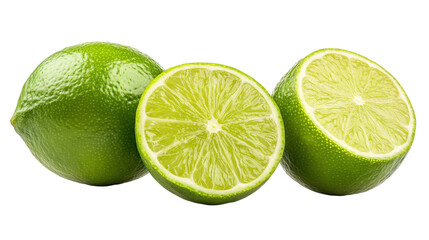 Two whole limes and one cut lime isolated on a transparent background