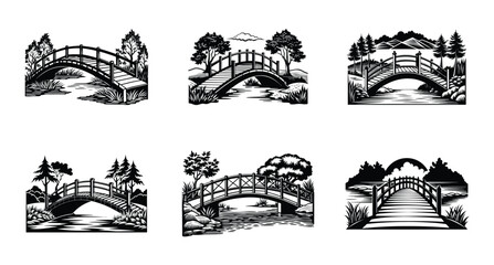 Collection of beautiful arched bridges over water with nature scenes in monochrome