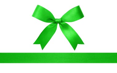 Green ribbon with bow isolated on white background.