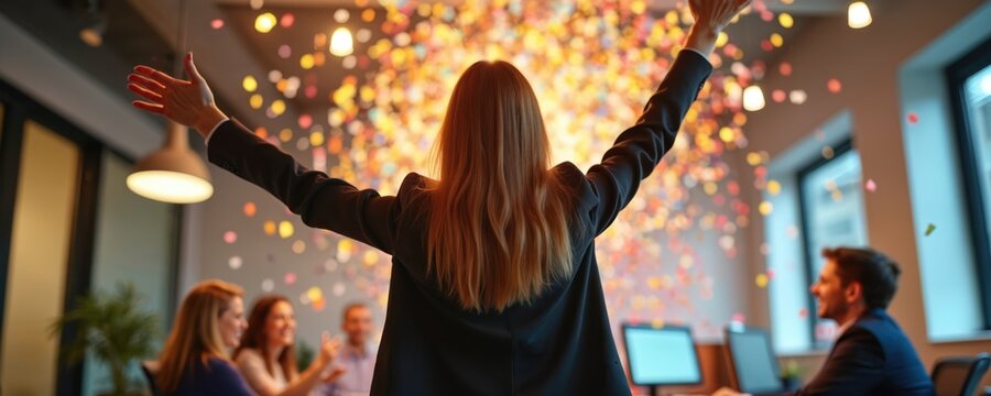 Businesswoman raises hands up celebrating success with falling confetti with team colleagues in modern office. Positive female worker enjoy career win with multiethnic colleagues. Employees applaud