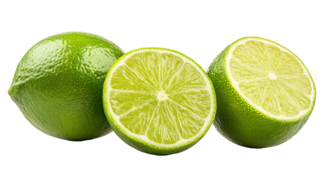 Two whole limes and one cut lime isolated on a transparent background