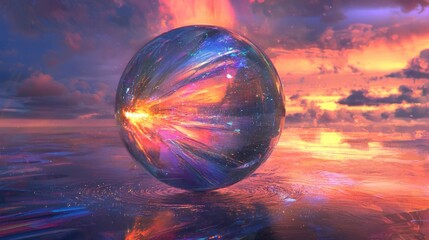 Mystical Orb Reflecting a Vibrant Sunset Landscape - A Dreamlike Vision.
