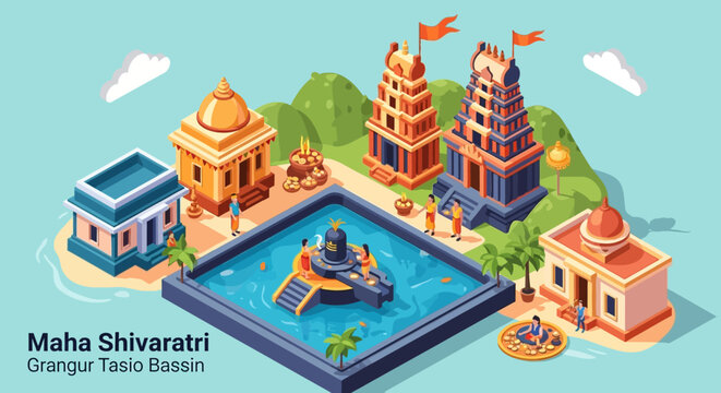 Isometric vector illustration of a traditional Indian Hindu temple complex with a sacred water basin for ceremonies
