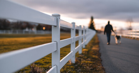 White wooden fence along a rural pathway with a person walking a dog during sunset in a peaceful countryside setting