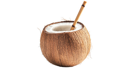 Whole coconut with white flesh and bamboo straw isolated on a transparent background