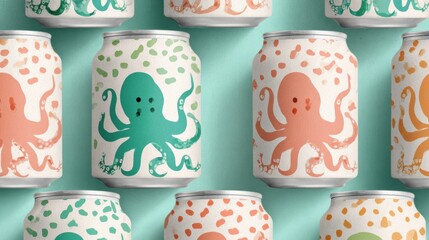 Colorful Retro Soda Cans With Octopus Design Create a Fun 80s Pastel Vibe for Summer Events