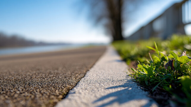 Close-up of roadside curb with green grass and blurred background of river and trees on a sunny day