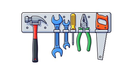 Cartoon Tool Rack with Hammer, Wrenches, Screwdriver, Pliers, and Saw.