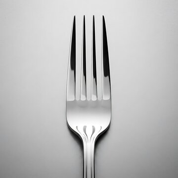 Close up black and white image of a silver fork