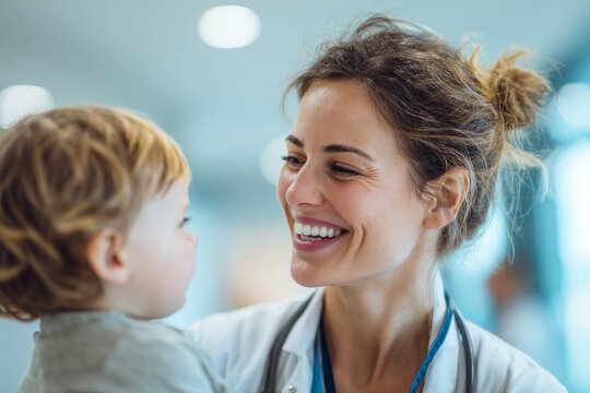 Healthcare professional smiles at child during a check-up in a bright medical facility - Powered by Adobe