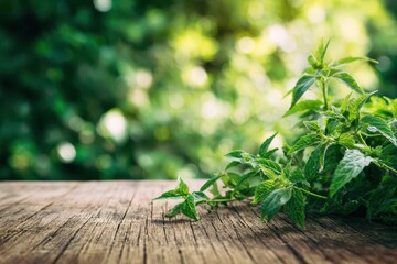 Bokeh Nature Scene Featuring Gynostemma Pentaphyllum Plants on Rustic Wooden Table