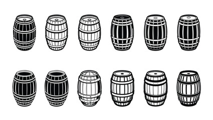 Collection of twelve barrel illustrations in various styles on a white background