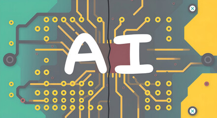 Futuristic AI concept illustration with circuit board design and bold typography, perfect for technology, innovation, and digital transformation presentations