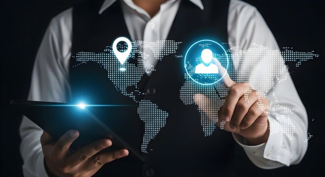 A businessman interacts with a digital world map on a tablet, selecting a user profile and location pin.
