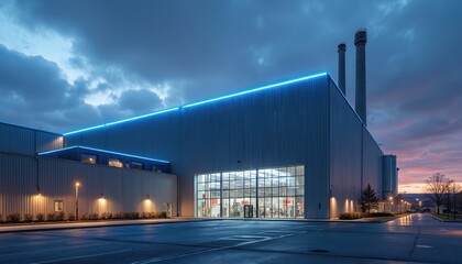 Naklejka premium Modern industrial building exterior lights at twilight. Huge factory complex with chimneys stands in clean industrial park. Advanced manufacturing site with glowing windows.