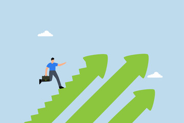 Obraz premium Step to success, businessman walk up arrow stair for victory.